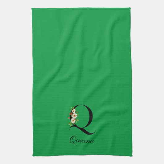 Watercolor botanical green initial monogram theedoek (Verticaal)