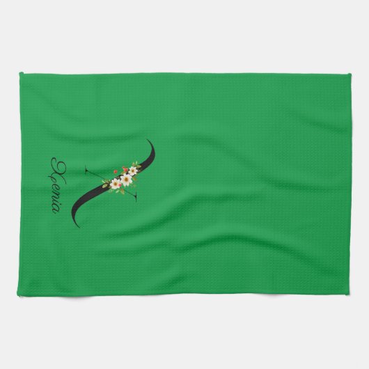 Watercolor botanical green initial monogram theedoek (Horizontaal)