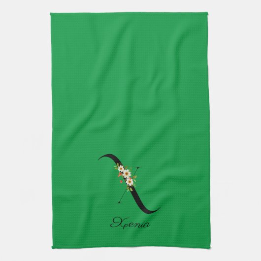 Watercolor botanical green initial monogram theedoek (Verticaal)