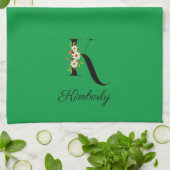 Watercolor botanical green initial monogram theedoek (Gevouwen)