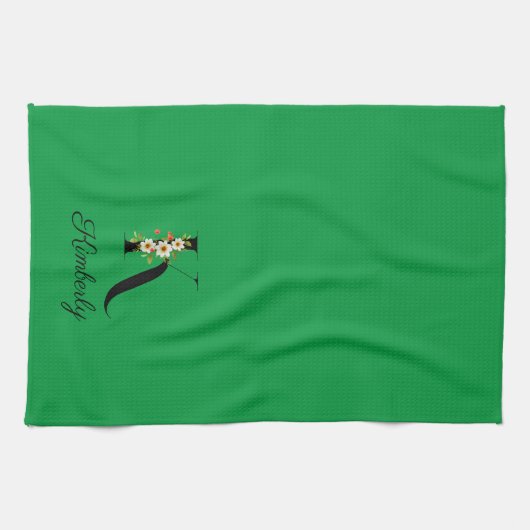 Watercolor botanical green initial monogram theedoek (Horizontaal)