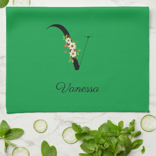 Watercolor botanical green initial monogram theedoek (Gevouwen)