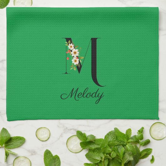 Watercolor botanical green initial monogram theedoek (Gevouwen)