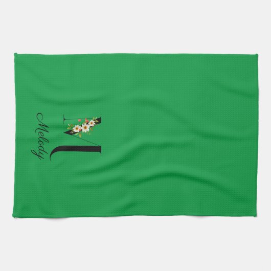 Watercolor botanical green initial monogram theedoek (Horizontaal)