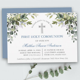 Watercolor Botanical Greenery Dusty Blue Communion Kaart