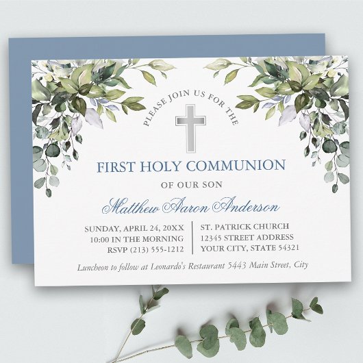Watercolor Botanical Greenery Dusty Blue Communion Kaart