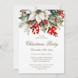 Watercolor Botanical Holly Berries Christmas Party Kaart