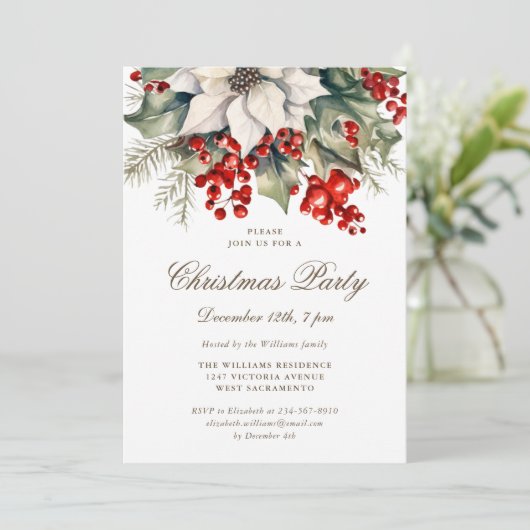 Watercolor Botanical Holly Berries Christmas Party Kaart (Staand voorkant)