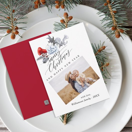 Watercolor Botanical Prettig Kerstmis Foto  Feestdagenkaart