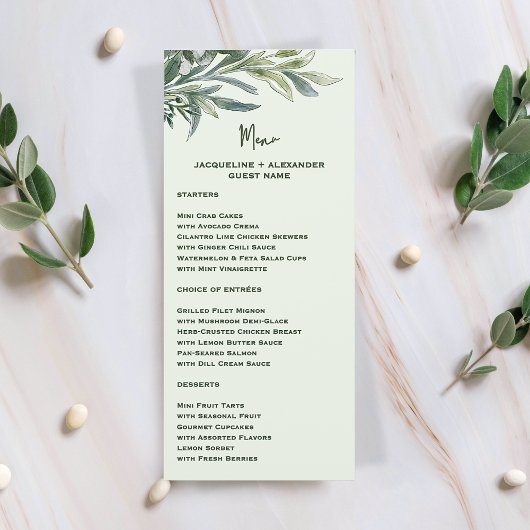 Watercolor Botanical Wedding Menu with Guest Name