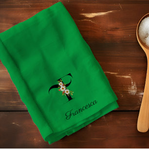 Watercolor botanisch groen initiaal monogram theedoek