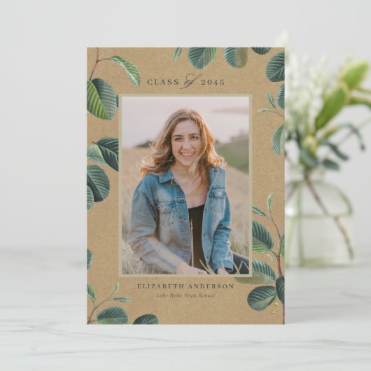 Watercolor Botanische Bladeren Kraft Foto Afstudee Aankondiging (Staand voorkant)