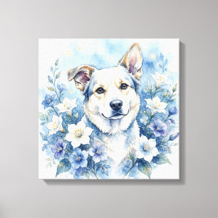 Watercolor Botanische Bloemige Hond Portret Canvas Afdruk