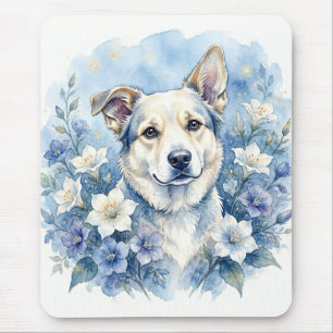 Watercolor Botanische Bloemige Hond Portret Muismat