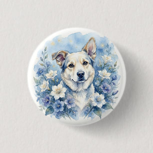 Watercolor Botanische Bloemige Hond Portret Ronde Button 3,2 Cm