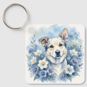 Watercolor Botanische Bloemige Hond Portret Sleutelhanger