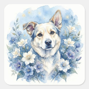 Watercolor Botanische Bloemige Hond Portret Vierkante Sticker