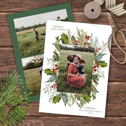 Watercolor Botanische Groene Kader Drie Foto Feestdagenkaart