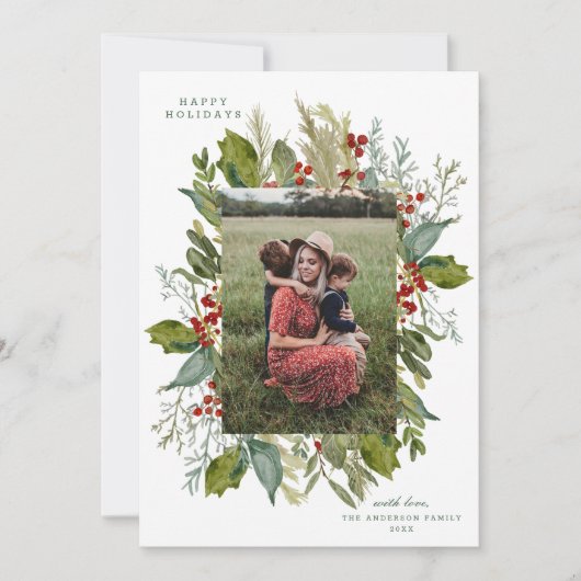 Watercolor Botanische Groene Kader Drie Foto Feestdagenkaart (Voorkant)