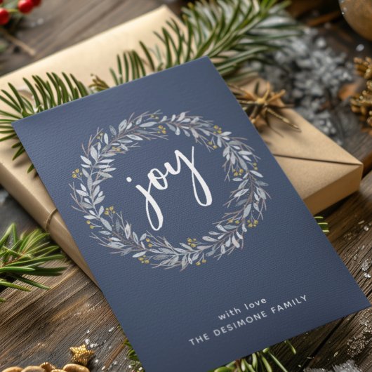 Watercolor botanische krans Joy blauw Kerstmis Feestdagenkaart