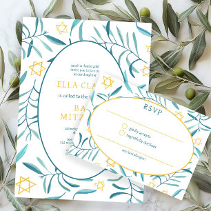 Watercolor Botanische Ster David Bar/Bat Mitzvah RSVP Kaartje