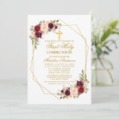 Watercolor Bourgondië Bloem Geo Frame Communie Kaart (Staand voorkant)