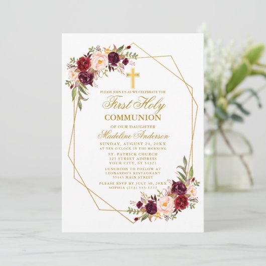 Watercolor Bourgondië Bloem Geo Frame Communie Kaart (Staand voorkant)