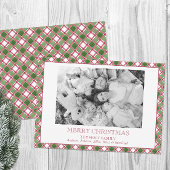 Watercolor Bourgondië & Groen Geruite Kerst Foto Feestdagenkaart
