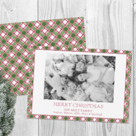 Watercolor Bourgondië & Groen Geruite Kerst Foto Feestdagenkaart