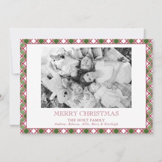 Watercolor Bourgondië & Groen Geruite Kerst Foto Feestdagenkaart (Voorkant)