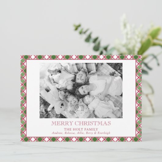 Watercolor Bourgondië & Groen Geruite Kerst Foto Feestdagenkaart (Staand voorkant)