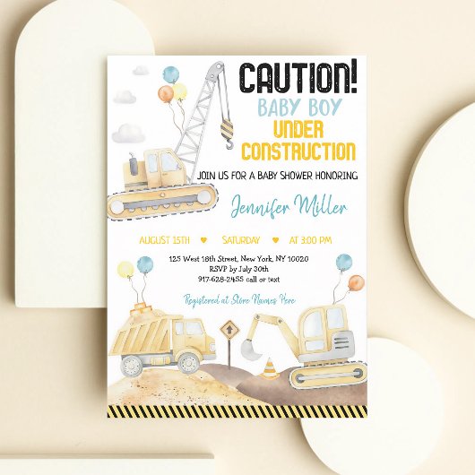 Watercolor Bouwtrucks Baby Shower Kaart