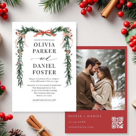 Watercolor Bow Christmas Photo QR Code Wedding Kaart