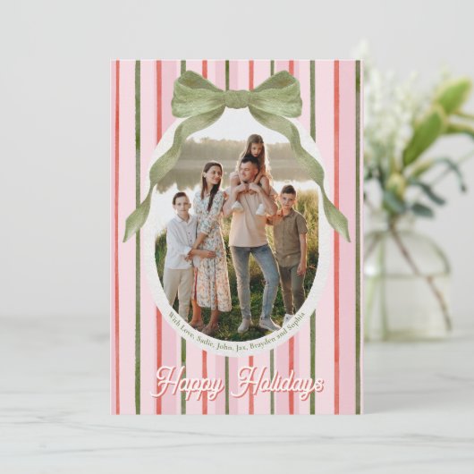 Watercolor Bow Family Photo Christmas Card Feestdagenkaart (Staand voorkant)