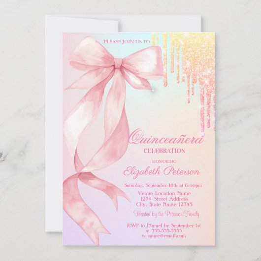 Watercolor Bow Glitter Drips Colorful Quinceañera Kaart (Voorkant)