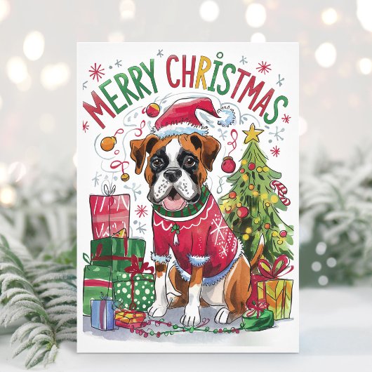 Watercolor Boxer Hond Kerstkaart