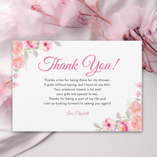 Watercolor Bridal Shower | Pink Flowers Bedankkaart
