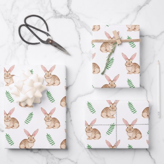 Watercolor Brown Easter Bunny And Greenery Pattern Inpakpapier Vel (Voorkant)