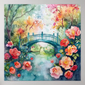 Watercolor Brug Tuin Bloemen Poster (Voorkant)