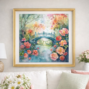 Watercolor Brug Tuin Bloemen Poster