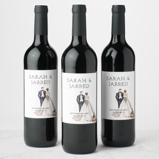 Watercolor Bruidsparen Huwelijk Wijn Etiket (Flessen)