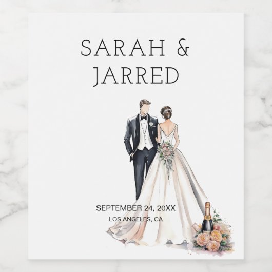 Watercolor Bruidsparen Huwelijk Wijn Etiket (Enkel label)