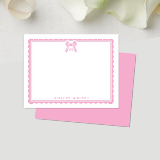 Watercolor Bubblegum Pink Bow Preppy Monogram Notitiekaartje