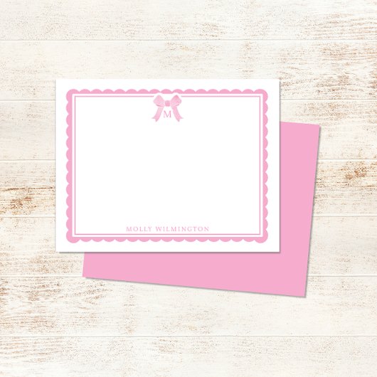 Watercolor Bubblegum Pink Bow Preppy Monogram Notitiekaartje