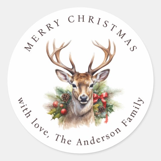 Watercolor Buck Deer Botanical Christmas Ronde Sticker (Voorkant)