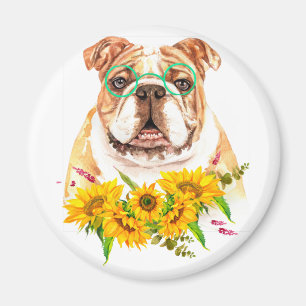 Watercolor Bulldog & Zonnebloemen  Magneet