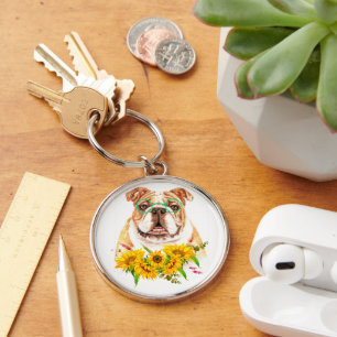 Watercolor Bulldog & Zonnebloemen Sleutelhanger