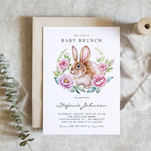 Watercolor Bunny and Pink Flowers Baby Brunch Kaart