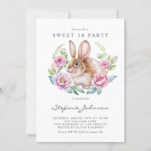 Watercolor Bunny and Pink Flowers Sweet 16 Party Kaart (Voorkant)