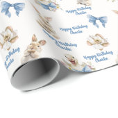 Watercolor Bunny Duck Blue Bow Happy Birthday Cadeaupapier (Rol Hoek)